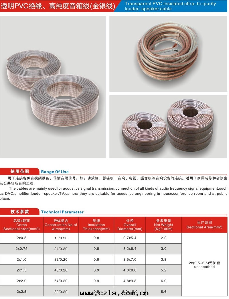 透明(míng)PVC絕緣/高(gāo)純度(dù)音(yīn)響线(金(jīn)银(yín)线)